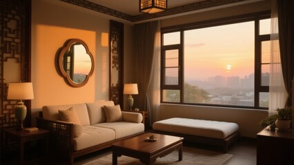 Fototapeta premium Cozy living room with traditional decor and sunset view through large window