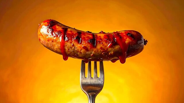 A grilled sausage covered in sauce is impaled on a fork