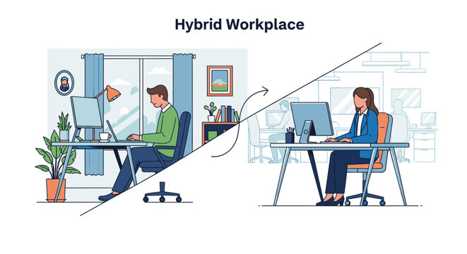 Illustration of two office workers using computers in a hybrid workplace setting with a divided space.