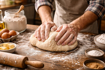 Fototapeta premium Hands kneading fresh dough on wooden table with flour, eggs and butter while preparing homemade bread or pizza.