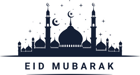 Eid Mubarak vector illustration, mosque silhouette with domes and minarets, crescent moons and stars, Islamic holiday greeting, religious celebration artwork © Rahena ARAFAT