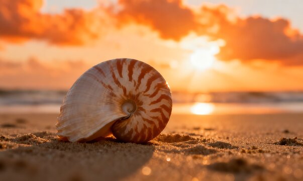 Chambered nautilus shell resting on a sandy beach during a golden sunset