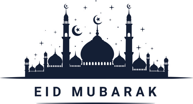 Eid Mubarak vector illustration, mosque silhouette with domes and minarets, crescent moons and stars, Islamic holiday greeting, religious celebration artwork