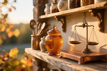 Obraz premium Wooden shelves with vintage jars, kitchen utensils, and a brass balance scale in a rustic outdoor setting
