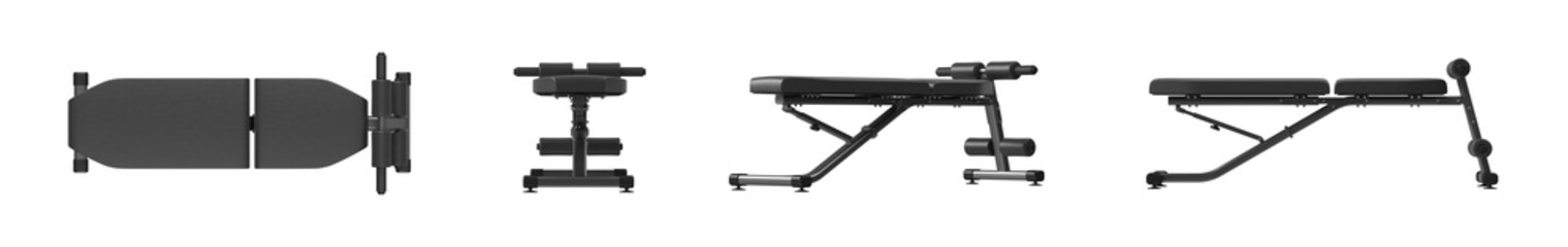 Fototapeta premium Adjustable Weight Bench Multiple Views, Black, 3D Render Isolated on White Background