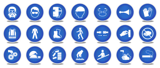 Set of mandatory safety signs. Warning signs symbol. Mandatory signs. Work safety equipment icons set.