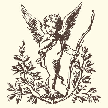 Vintage vector illustration of a classical cherub with angelic wings holding a bow and arrow amidst delicate botanical foliage design