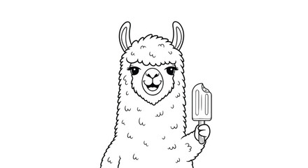 Obraz premium Cute llama character holding a bitten ice cream bar on a stick, presented as a black and white line art illustration for coloring or design.