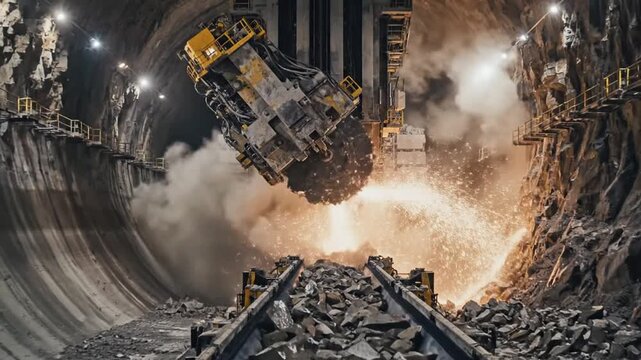 Massive tunnel boring machine in operation shaping rocky earth with fiery sparks and dust
