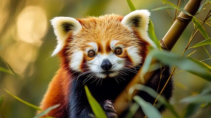 Obraz premium A cute red panda, also known as the endangered mammal fulgens or fire fox, sits in a tree eating bamboo within a wild nature habitat