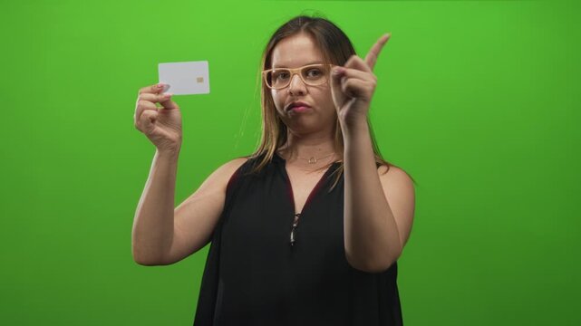 Woman holding white card and pointing finger in studio with green screen; confidence persuasion.