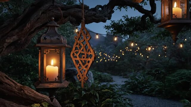 Lanterns hanging from a tree branch with intricate designs, surrounded by lush greenery and soft string lights, in a serene forest pathway at dusk.