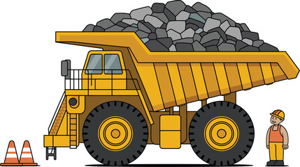 Heavy Duty Yellow Mining Dump Truck Carrying Rocks - Industrial Haul Truck with Construction Worker Vector Illustration © Kamal