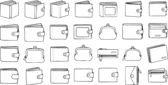 Collection of Diverse Wallet Illustrations: Hand-Drawn Purse  Billfold Set