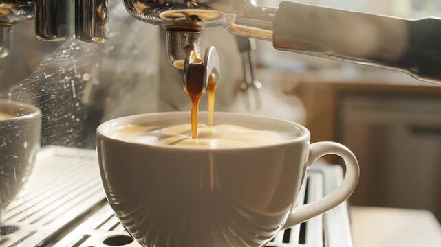 Freshly brewed espresso coffee pouring into a white ceramic cup from a machine.