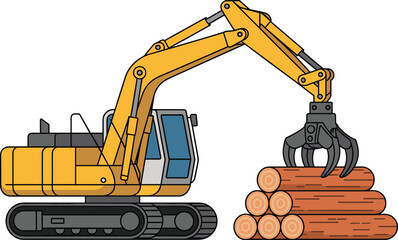 Yellow Excavator Loader Machine Lifting Wood Logs - Heavy Industrial Forestry Machinery Vector Illustration © Kamal