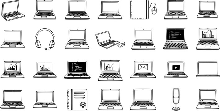 Hand-Drawn Laptop and Technology Doodle Icons Set. Vector Sketch Collection of Digital Devices: Laptops with Various Screens, Headphones, Desktop PC, Notebook, and Microphone.