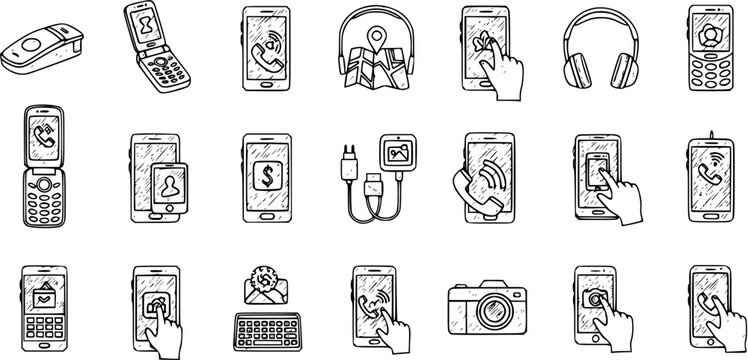 Hand-Drawn Icons of Mobile Phones, Gadgets, and Digital Technology for App Design and UI