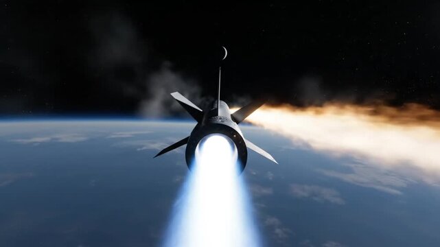 A powerful rocket engine ignites, propelling a spacecraft into the dark expanse of space.