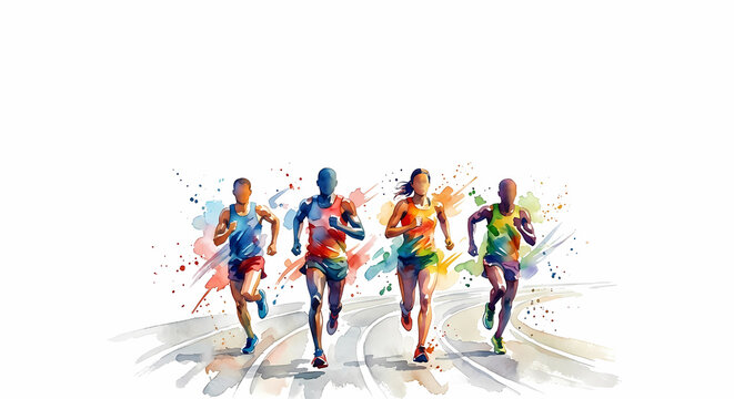 Group of diverse marathon and walkathon runners, sports day athletics concept watercolor illustration with running track background.