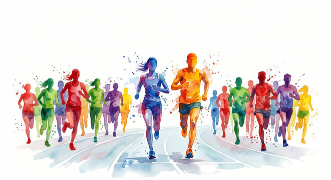 Running background for Marathon, Walkathon, athletics sports day. A group of world diverse men women and sports athletes players run win competition background.