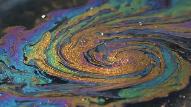 Oil spill creating a swirling rainbow pattern on water surface.