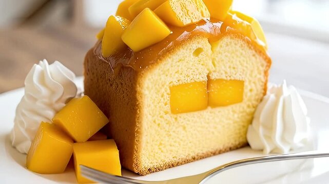 A delectable slice of light, fluffy cake, possibly chiffon or sponge, artfully presented on a crisp white plate. It's generously adorned with vibrant, juicy golden mango cubes, a sweet, glistening fru