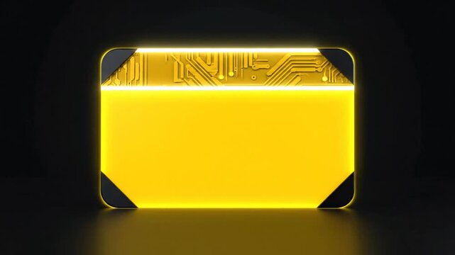 A bright yellow circuit board box glowing with neon light on a dark background viewed from the front
