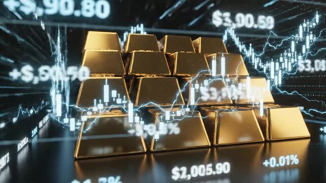 Gold bars stacked with financial data overlay, representing investment and economic growth.