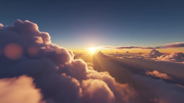 Golden sun setting over a vast expanse of f clouds in the sky