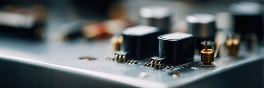 Close up detail of electronic circuit board showing intricate technology and hardware components with precise engineering design representing modern digital innovation and complex system
