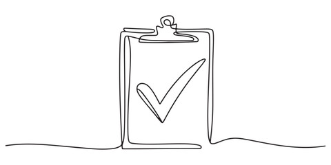Continuous one line drawing of clipboard and pen design. clipboard with Good Marks with pass direction with tick mark. correction of error.. On white background. © Md