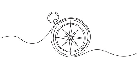 One continuous line drawing of traveller compass, Continuous Line Drawing of Compass Icon. one line Art icon drawing vector. Road Compass continuous one line art drawing. © Md