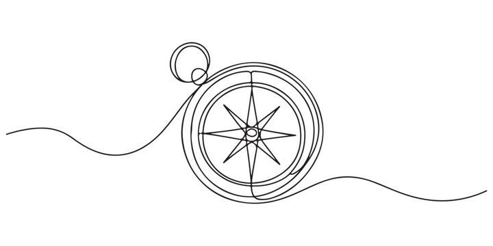 One continuous line drawing of traveller compass, Continuous Line Drawing of Compass Icon. one line Art icon drawing vector. Road Compass continuous one line art drawing.