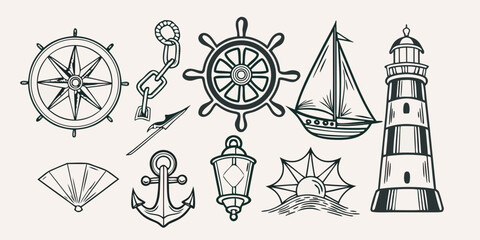 Nautical themed illustrations depicting ships anchors and lighthouse elements © Dipu