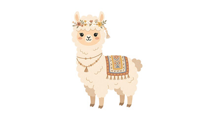 Fototapeta premium White Llama with Decorative Saddle and Floral Headpiece.