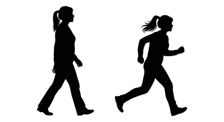Comparison of walking and running silhouettes of a person with long hair Vector, illustration