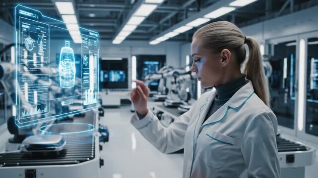 Robotics engineer analyzing high-precision assembly in a modern lab with augmented car diagram