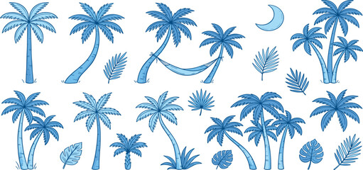 Tropical palm trees and exotic plants illustration set against a serene nighttime sky with a crescent moon