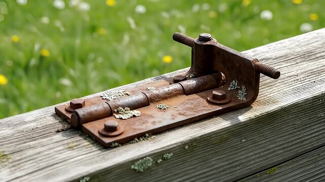 A detailed close-up shot features a heavily rusted metal hinge or latch mechanism, securely bolted onto a weathered wooden plank. The intricate textures of the oxidized metal are prominent, showcasing
