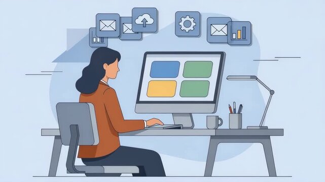 Flat design of a woman working remotely, attending an online meeting at her desk with digital icons.
