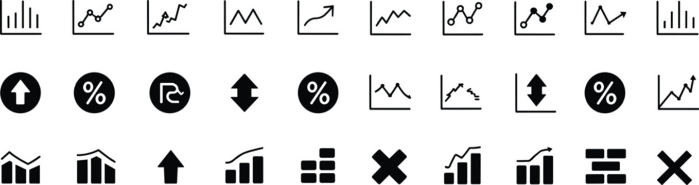 Collection of black and white line icons representing financial charts and data analysis graph analytics