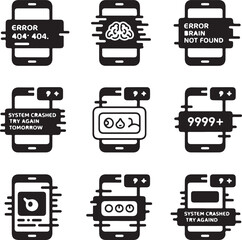 Smartphone system error notification icons set with glitch effect art