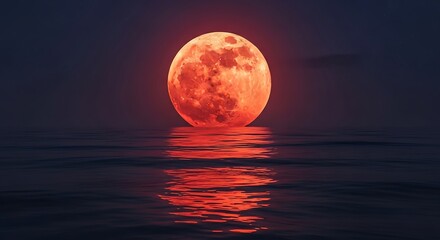 Vibrant orange full moon rising over calm ocean water at night