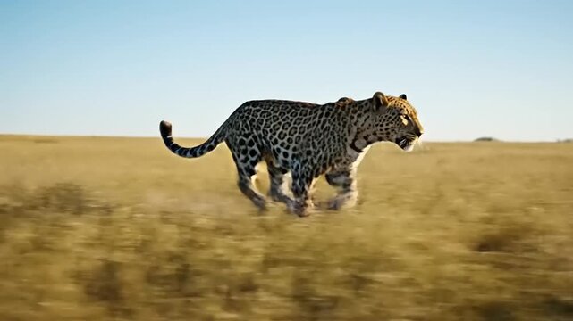 A powerful leopard streaks across the vast, sun-drenched plains, showcasing its incredible speed and agility in a captivating wildlife moment