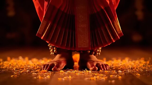Traditional Indian dancer's feet adorned with ghungroo anklets, gracefully stepping on a carpet of marigolds during a performance