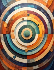 A vibrant, multi-colored abstract artwork featuring concentric circles
