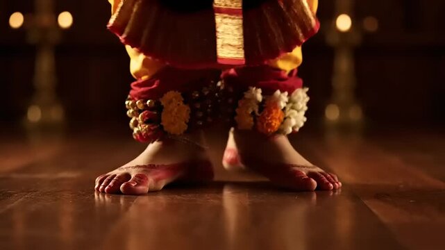 Close-up of a Classical Indian Dancer's Feet Adorned with Traditional Ghungroo Bells and Alta, Capturing the Grace and Rich Cultural Heritage of an Artistic Performance