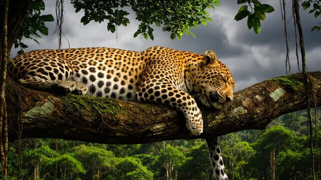 A leopard rests on a tree branch in a lush forest with leaves surrounding it under a cloudy sky.
