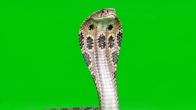 Close-up shot of a cobra snake with its hood flared against a green screen background, suitable for various visual projects